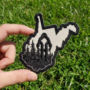 West Virginia Bigfoot Embroidered Patch WV Sasquatch State Silhouette Iron On Badge Forest Pine Trees Cryptid Souvenir Travel Gift for Hats