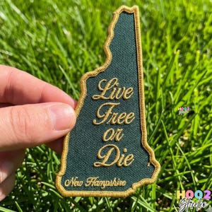 New Hampshire State Patch - Live Free or Die Motto Embroidered Patch, NH Iron On Travel Souvenir, Forest Green & Gold State Patch