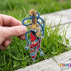 Japanese Hannya Mask Dagger Embroidered Patch, Samurai Oni Sword Iron On Patch for Denim Jackets, Traditional Tattoo Style Badge, Neo-Trad