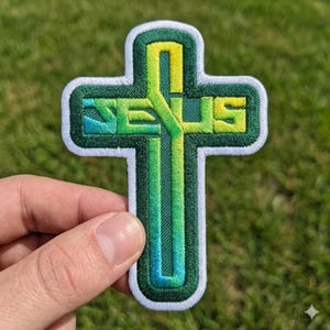 Jesus Cross Typography Patch - Green Gradient Christian Badge - Modern Faith Gift and Aesthetic Spiritual Applique