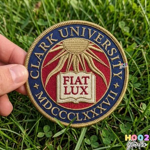 Clark University Embroidered Patch, Fiat Lux 1887 University Seal Iron On Badge, Massachusetts Alumni Grad Gift, Red Navy Gold 3in Round