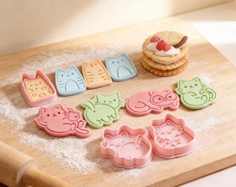 Cute Cat Cookie Cutter Set, Kawaii Kitten Biscuit Mold for Baking, 3D Embossed Cat Fondant Stamps, Cat Mom Gift, Tea Party Baking Supplies