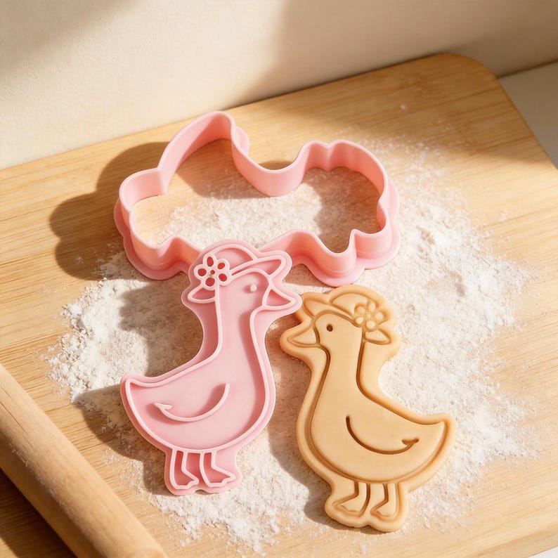 May include: Pink and tan cookie cutters in the shape of a duck wearing a hat, with a matching pink outline cutter. The cutters are on a wooden cutting board dusted with white flour, suggesting baking or crafting.