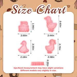 May include: Pink cookie cutters in the shape of geese and the text "ONE GOOSE 2003". The size chart shows the dimensions of each cutter in inches. The largest cutter is 2.75 inches tall.