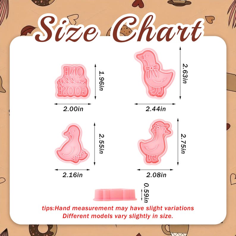 May include: Pink cookie cutters in the shape of geese and the text "ONE GOOSE 2003". The size chart shows the dimensions of each cutter in inches. The largest cutter is 2.75 inches tall.