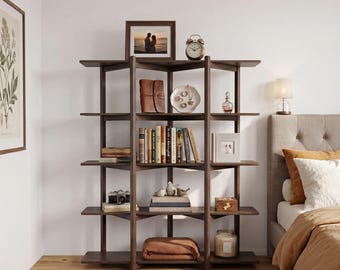 Slaapkamer boekenplank | Vijfdelige moderne boekenkast uit het midden van de eeuw | Luxe notenhouten opbergrek | Gezellige esthetische plank voor hoofdslaapkamer