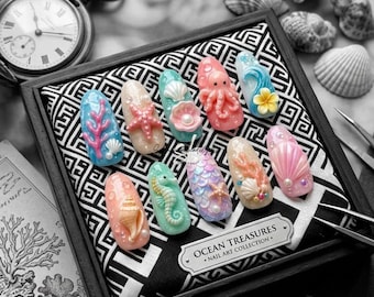 Ocean Treasure Press On Nails, 3D Seashell Starfish Octopus Coral Nails, Pastel Mermaid Short Fake Nail Set Summer Gifts