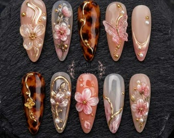 Tortoise Floral Press On Nails, Peach 3D Flower Butterfly Nails, Gold Pearl Almond Fake Nail Set, Spring Gifts for Women