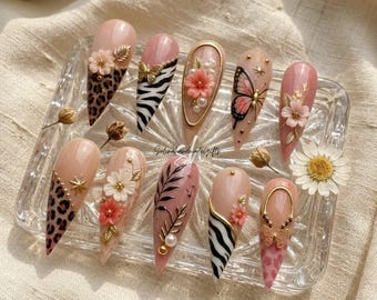 Leopard Zebra Press On Nails, Pink 3D Flower Butterfly Nails, Gold Accent Stiletto Fake Nail Set, Tropical Glam Gift Art