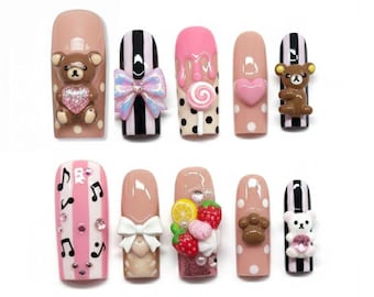 Kawaii Brown Bear Press on Nails | 3D Pink Candy Dessert Fake Nails | Harajuku Gyaru Stripe Music Art | Cute Y2K Reusable Gift Set