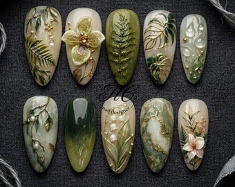 Vintage Botanical Green Press On Nails, 3D Fern Leaf Fake Nails, Cottagecore Lily of the Valley False Nails, Elegant Custom Almond Glue On