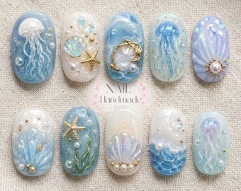 Blue Jellyfish Press On Nails Mermaidcore Fake Nails 3D Shell Gel Nails Round Coastal Ocean Nails Cute Reusable Pearl Nails Summer Gifts