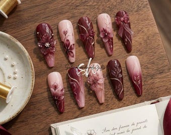 Burgundy Floral Press On Nails, 3D Flower Pink Gold Vine Nails, Romantic Almond Fake Nail Set, Elegant Bridal Gift Nails