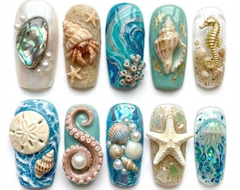 3D Ocean Life Press on Nails, Mermaid Sea Shell Starfish, Summer Beach Vacation Art, Jellyfish Seahorse Design, Textured Sand Fake Nails