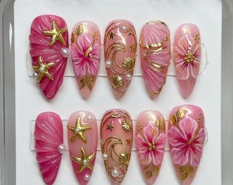 Pink Hibiscus 3D Shell Press On Nails, Gold Starfish Pearl Ocean Art, Summer Beach Wedding Design, Luxury Handmade Fake Nails