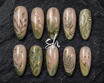 Olive Green Botanical Press On Nails, Nude Leaf Gold Accent Nails, Minimal Almond Fake Nails, Botanical Bridal Gift Sets