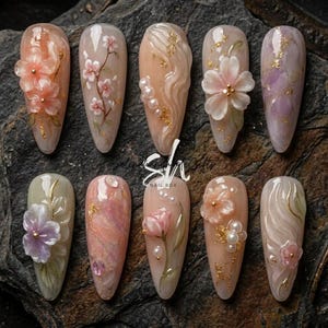 Pastelkleurige bloemenpers op de nagels, 3D-bloem parel goudfolie amandel nepnagels, zachte tuin bruids lente cadeauset voor vrouwen!