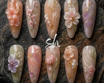 Pastel Floral Press On Nails, 3D Flower Pearl Gold Foil Almond Fake Nails, Soft Garden Bridal Spring Gift Set for Women!