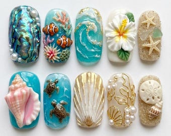 Tropical Ocean Life Press On Nails, 3D Clownfish Turtle & Hibiscus, Sea Shell Sand Texture, Summer Beach Vacation, Handmade Fake Nail Set