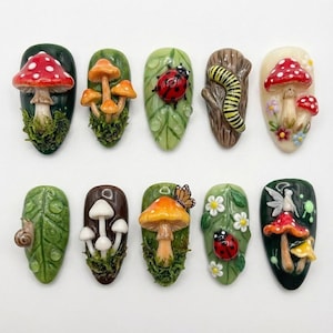 3D Mushroom Press On Nails, Cottagecore Forest Fairy Design, Ladybug Snail & Moss Texture, Goblincore Handmade Reusable Gel False Nails