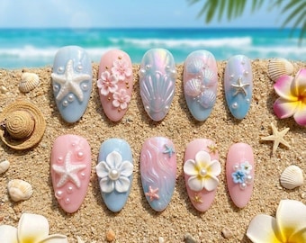 Uñas hawaianas con flores rosas y azules, uñas postizas de plumeria 3D para playa, arte de conchas marinas pastel, uñas postizas para vacaciones tropicales