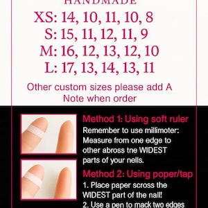 May include: Pink text on a white and black background provides nail sizing instructions. The text reads "WeddingHC HANDMADE" and includes size charts for XS, S, M, and L. Instructions for measuring nails are also included.