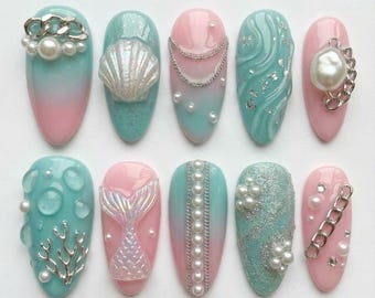 Mermaid Core 3D Shell Press On Nails, Pink Teal Ombre Ocean Pearl Art, Summer Beach Bubble Fake Nails, Siren Vacation Gel Tips