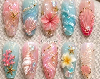 Pink Tropical Press On Nails Mermaidcore Fake Nails 3D Hibiscus Flower Gel Nails Coffin Ocean Beach Nails Coral Shell Reusable Nails
