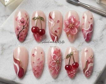 Cherry Blossom Press On Nails, 3D Cherry Pink Floral Nails, Gold Accent Almond Fake Nail Set, Coquette Spring Gift Decor