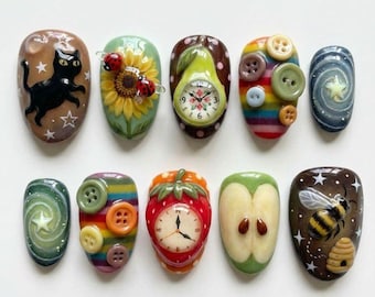 Funky 3D Button Press On Nails, Cute Strawberry Pear Clock Art, Black Cat & Bee Garden Design, Colorful Hand Painted Fake Nails