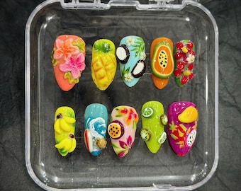 Tropical Fruit 3D Press On Nails, Pineapple Coconut Papaya Hibiscus Art, Summer Beach Vacation Design, Handmade Hawaiian Fake Nails