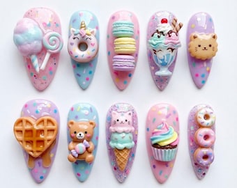Kawaii 3D Sweet Candy Press On Nails, Pastel Ice Cream & Donut Nail Art, Cute Bear Macaron Charms, Reusable Glitter Fake Nails for Her