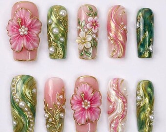 Luxury 3D Pink Hibiscus Press on Nails, Green Gold Swirls & Pearls, Elegant Floral Fake Nails, Spring Wedding Handmade Nail Art
