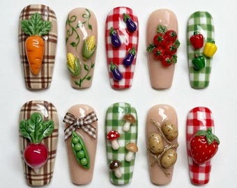 Vegetable Garden Press on Nails | 3D Carrot Corn Tomato Fake Nails | Cottagecore Plaid Art | Cute Harvest Farm Picnic Gift Set