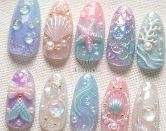Pastel Mermaid Tail Press On Nails Cute Mermaidcore Fake Nails 3D Shell Almond Gel Nails Ocean Bubble Fantasy Nails Reusable Pearl Nails