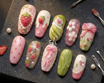 Strawberry Matcha Press On Nails, Pink Green 3D Bow Flower Dessert Nails, Coquette Kawaii Almond Fake Nail Sets Gift Art
