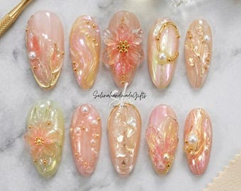 Peach Floral Press On Nails, Iridescent 3D Flower Pearl Gold Accent Nails, Almond Fake Nail Set, Spring Wedding Gift Set