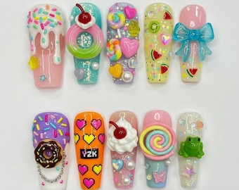 Kawaii Candy Dessert Press on Nails | 3D Donut Frog Ice Cream Fake Nails | Y2K Harajuku Decora Colorful Art | Cute Summer Reusable Gift