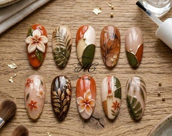 3D Flower Press On Nails Boho Tropical Leaf Fake Nails Vintage Botanical Terracotta Olive Green Custom Almond Reusable Autumn Summer Nails