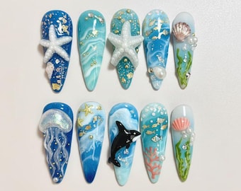 Luxury Ocean Press On Nails | 3D Whale Jellyfish Starfish | Blue Sea Mermaid Fake Nails | Summer Beach Hand Painted Gel Nail Art