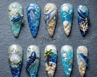 Blue Ocean Press On Nails, 3D Turtle Whale Shark Jellyfish Shell Stiletto Fake Nail Set, Beach Mermaid Summer Gift Nails