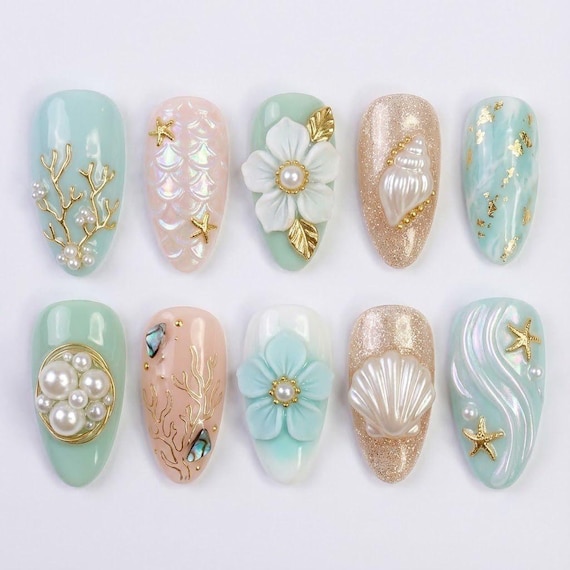 Luxury Mint Green Mermaid Press On Nails, 3D Shell Pearl & Gold Starfish, Ocean Beach Wedding Nail Art, Elegant Summer Fake Nails
