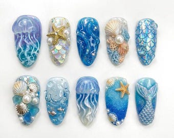 Mermaid Ocean Press On Nails, 3D Jellyfish Starfish Shell, Summer Beach Fake Nails, Blue Sea Pearl, Iridescent Scale, Handmade Gel Art