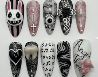 Gothic Lolita Press on Nails | Creepy Bunny & Cross Fake Nails | Dark Coquette Angel Heart Nail Art | Alternative Grunge Reusable Gift Set