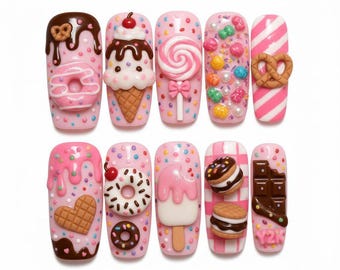 Kawaii Pink Dessert Press on Nails | 3D Ice Cream Donut Chocolate Fake Nails | Y2K Sweet Candy Nail Art | Cute Harajuku Reusable Gift Set