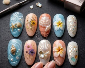 Tropical Beach Press On Nails, Blue Peach 3D Seashell Flower Nails, Pearl Starfish Summer Almond Fake Nail Set Gift Art