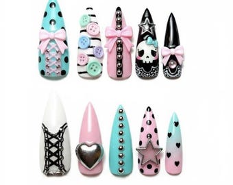 Pastel Goth Press on Nails | Cute Skull & Pink Bow Fake Nails | 3D Heart Button Stiletto Nails | Creepy Cute Alt Aesthetic Reusable Gift Set