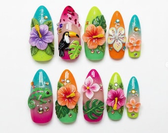 Tropical 3D Hibiscus Press On Nails with Toucan & Gecko – Bright Summer Vacation Nail Art, Jungle Floral Textured Nail Set