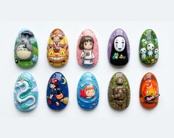 Studio Ghibli Inspired Press On Nails, Totoro Spirited Away Calcifer Art, Hand Painted 3D Anime Nails, Cute Kawaii Japanese Fake Nail Set