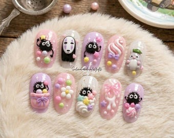 Kawaii Anime Press On Nails, Pink 3D Dust Sprite Masked Ghost Candy Bow Nails, Pastel Cute Short Fake Nail Set Gift Art